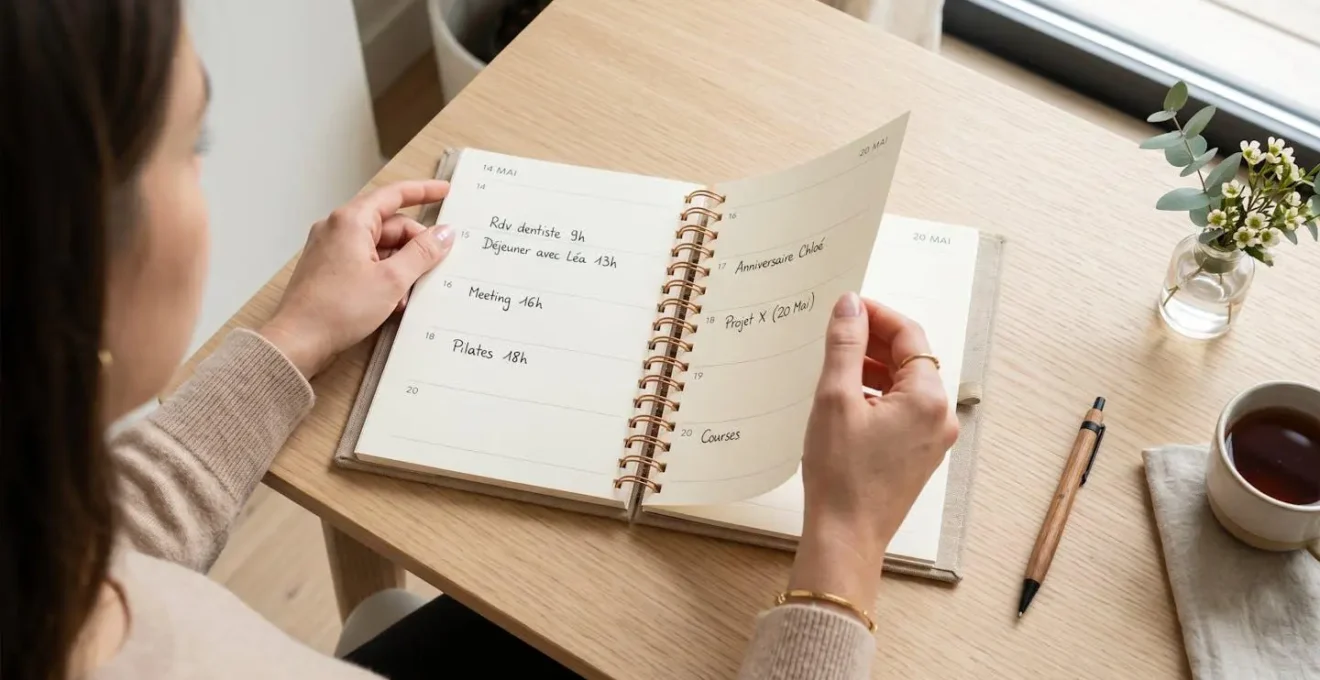 Vue en plongée d'une femme annotant un agenda ouvert sur un bureau clair, entourée de lumière naturelle