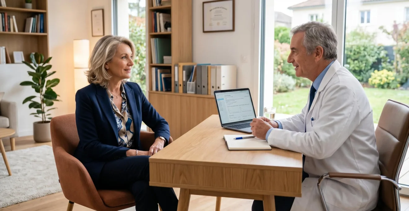 Femme d'une cinquantaine d'années en consultation médicale, écoutant attentivement les explications, ambiance de cabinet lumineux