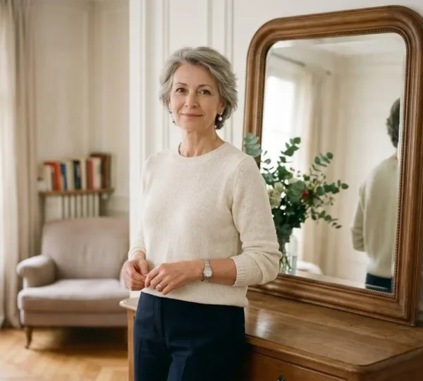 Femme élégante d'une cinquantaine d'années regardant son reflet dans un miroir avec sérénité, lumière naturelle matinale